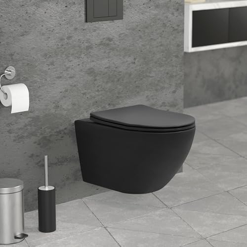 LuxeBath Wand WC Spülrandlos Schwarz matt, Tiefspüler Keramik Hänge WC lang 54 cm, Toilette ohne Spülrand mit Softclose-Klodeckel, Tornadospülung, Kloschüssel Hängend mit WC-Sitz Absenkautomatik