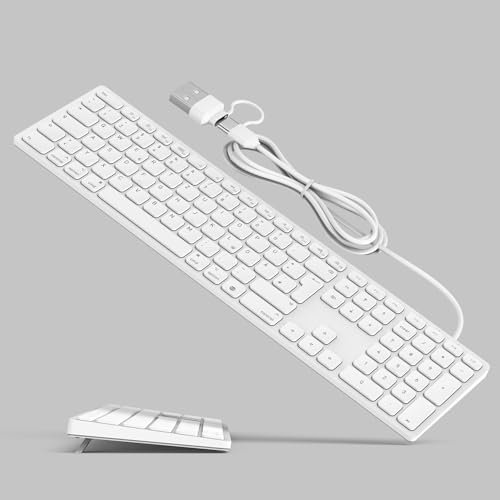 Yivandi Kabelgebundene Tastatur in voller Größe für Mac OS – Integrierter Faltbarer Ständer, QWERTZ Layout, Kabelverbindung über USB-A+C-Anschluss, Plug-and-Play für iMac/Mac mini/MacBook-Laptop