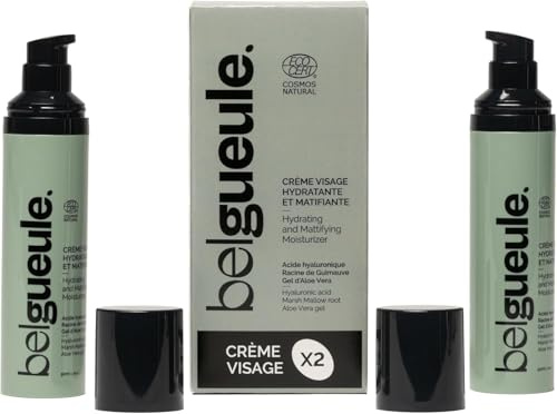 Belgueule crème visage hydratante et matifiante pour homme, Lot de 2, soin naturel visage et barbe, à l’acide hyaluronique, effet anti-âge, tous types de peaux, made in france, vegan & éco-responsable