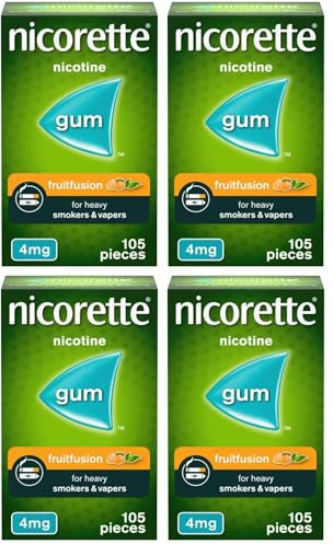 Nicorette Fruitfusion 4mg Gum (1 x 105 Pieces), Discreet and Fast-Acting, Stop Smoking Aid to Tackle Cravings and Withdrawal Symptoms, Nicotine Gum with Pleasant Fruit Flavour (Pack of 4)