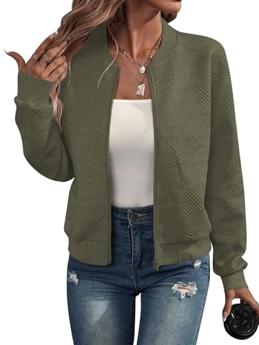 RUISHH Femmes Manches Longues Blouson Jacquard Bombardier Décontracté Zippée Veste de Baseball Légère