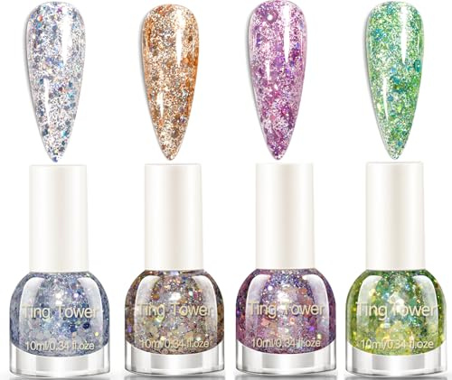 Glitter Nail Polish Set - 4 PCS Sparkly Gold Silver Green Pink Nail Varnish Sets,Quick Dry Long Lasting Glitter Nail Polish for Women and Girls, No UV Needed DIY Nail Art Manicure Gift Set