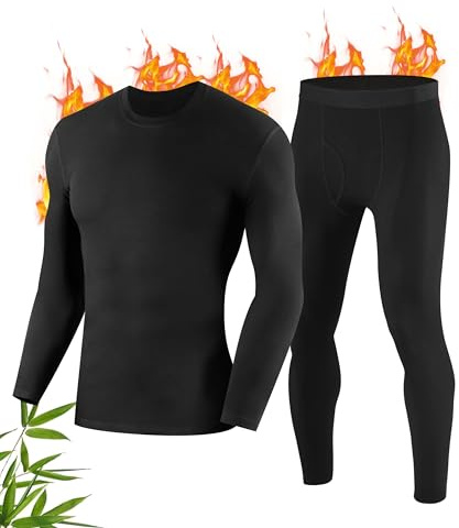 FORVEVO Thermal Underwear Mens,Bambau Thermal Underwear Set mit Fleece Lined,Winter Warm Long Johns Long Sleeve Tops,Quick Drying Mens Underwear for Running Sport Ski（Black,L）