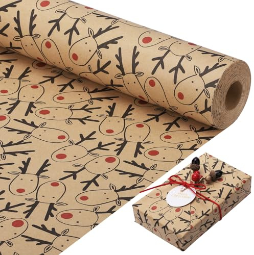 woric 25m×43cm Christmas Gift Wrapping Paper Roll, Reindeer Wrapping Paper | Extra Long Roll Xmas Wrapping Paper, Reusable and Heavy Duty Kraft Paper, Suitable for Christmas, Birthday Party Decoration