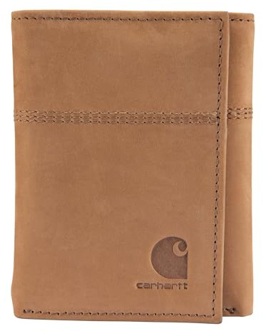 Carhartt Nubuck Leather Trifold Wallet Brown | Wallets for Men, Full Grain Leather, Wallets, RFID Blocking Bifold, Trifold and Slim Front Pocket Options, Gifts for Men