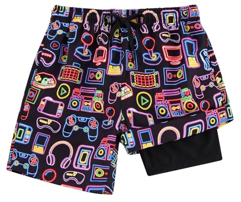 Fanient Boys Swim Trunks with Compression Liner Kids Neon Printed Swimming Shorts Strecthy Beach Shorts with Pockets 8-9 Years,8T