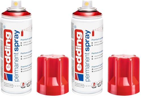 Edding 5200 spray permanent - rouge trafic brillante - 200 ml - peinture acrylique pour peindre ou décorer verre, métal, bois, céramique, plastique, toile - peinture acrylique en aérosol (Lot de 2)