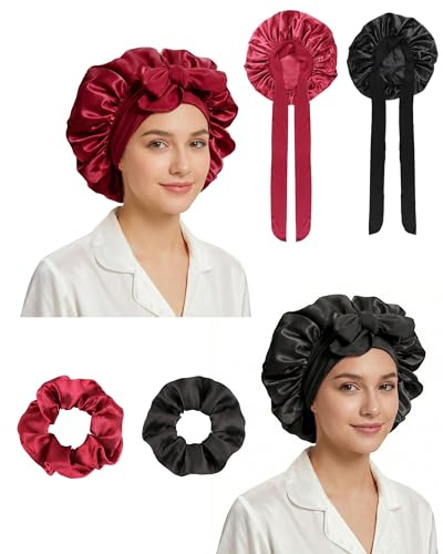 lulir Lot de 2 Bonnet Satin Cheveux Nuit, Bonnet en Satin | pour Femmes Cheveux Longs Bouclés, Doux Respirant, Large Bande Ajustable pour Couchage et Maquillage