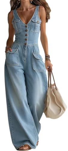 Mono de Mezclilla para Mujer Sexy sin Mangas con Cuello en V Camisola Cintura ahumada Pierna Ancha Jean Mono Largo Mameluco