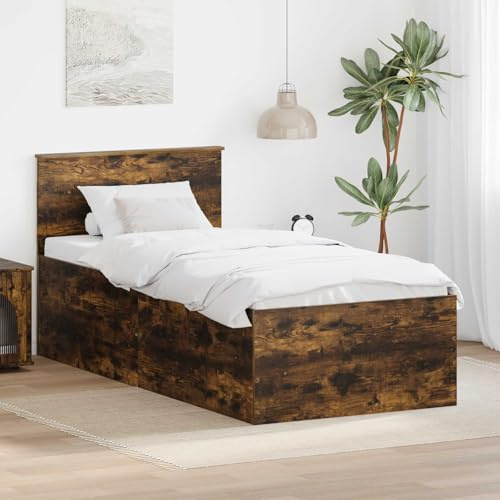 Teenpull Estructura de Cama con cabecero en Roble Ahumado, Cama somier de Madera de ingeniería, 90 x 190 cm, Base lecho con Soporte de Lamas, para Dormitorio Moderno y Descanso Estable
