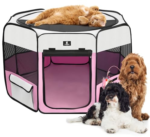 X-ZONE PET Dog Playpen Portable Pet Play Pens for Puppies, Cat, Rabbit, Chicks, Foldable Exercise Play Tent Kennel Crate, Indoor/Outdoor Travel Camping Pink Large