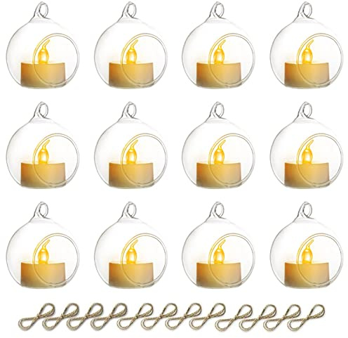 NUPTIO Hanging Glass Globe with Candles: Set of 12 Tealight Candle Holders with LED Tea Lights - 2.36 inch Bulk Clear Votive Candleholders for Party Wedding Birthday Shower Celebration Tree Decoration