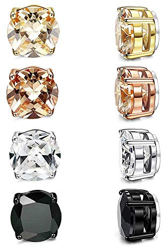 4 Paar Edelstahl-Ohrringe, magnetisch, für Herren, Damen, Mädchen, Kinder, falscher Ohrring, kein Piercing, ohne Loch, Zirkonia, Diamant, rund, Stecker, Silber, Gold, Schwarz, Roségold, 8 mm