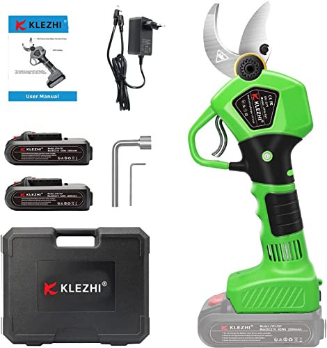 K KLEZHI 40mm Akku Elektrische Gartenschere Astschere, 2x 2 Ah Lithium-Wiederaufladbar Akku, 21V Rebschere, Baumschere, 6–8 Arbeitsstunden