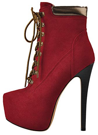Only maker Women's Front Lace Up Ankle Boots with Side Zipper Punk Biker Motorcycle Booties Suede Leather Slim Heel High Heels Motorcycle Party Shoes Burgundy Size 5