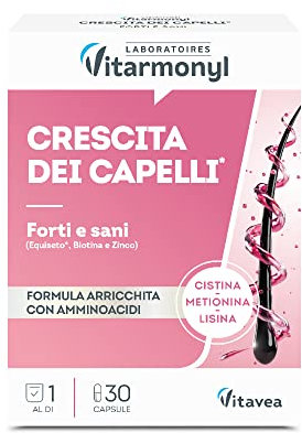 Crescita dei Capelli - Integratore con Aminoacidi, Biotina, Zinco ed Equiseto - Crescita Capelli Forti e Sani - Lunghezze più Sane - 30 Capsule - Vitarmonyl
