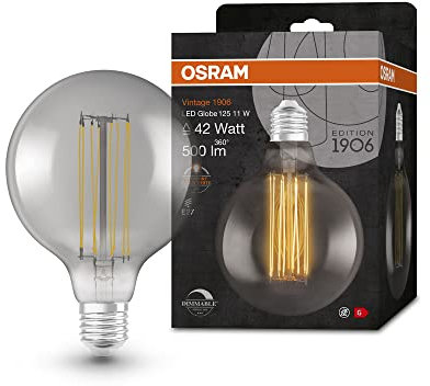 OSRAM Lamps Vintage 1906 LED-Lampe mit Smoke-Tönung, 11W, 500lm, Kugel-Form mit 125mm Durchmesser&E27-Sockel, warmweiße Lichtfarbe, gerades Filament,dimmbar, bis zu 15Stunden Lebensdauer,4058075761391