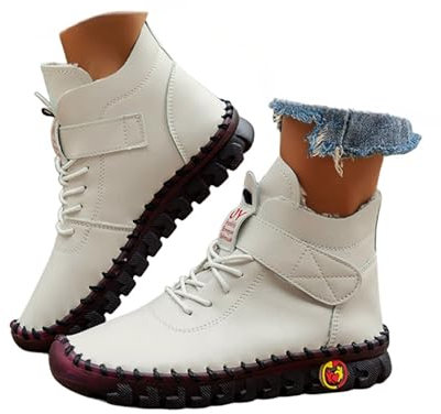 Italienische Handgefertigte Stiefeletten Damen Stiefel mit Klettverschluss Stiefel Lederstiefel Winter Warm Wasserdicht Gefüttert (2-Weiß, Erwachsene, Damen, 38, Numerisch, EU Schuhgrößensystem, M)