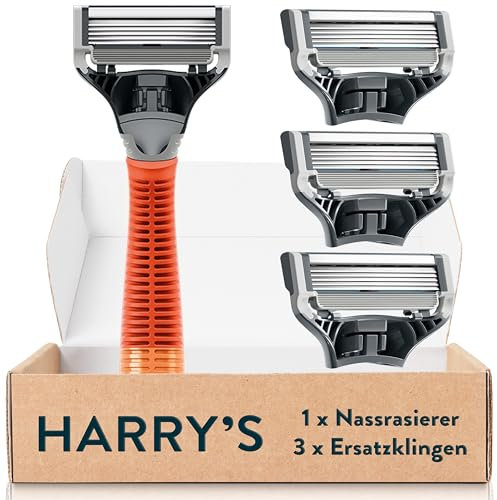 Harry’s Nassrasierer für Männer – Rasier-Set mit orangefarbenem Griff, 3 Ersatz-Rasierklingen Rasierer, Rasierklingen, Rasierklingen für Herren, Rasier Klingen Männer, Nassrasierer Klingen