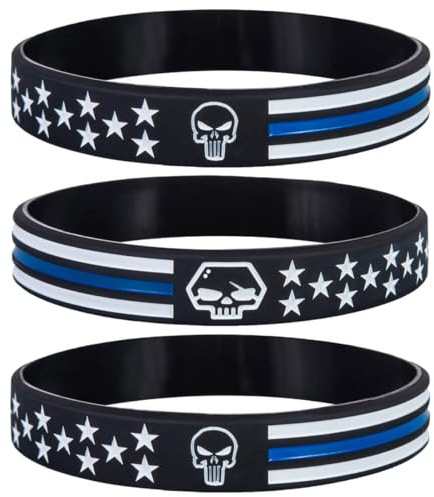 Sainstone Police Bandits Skull American Flag Silicone Bracelets, Thin Blue Line Motivational Wristband Gifts for Police Cops, Patriots, USMC, Men Women (Thin Blue Line)