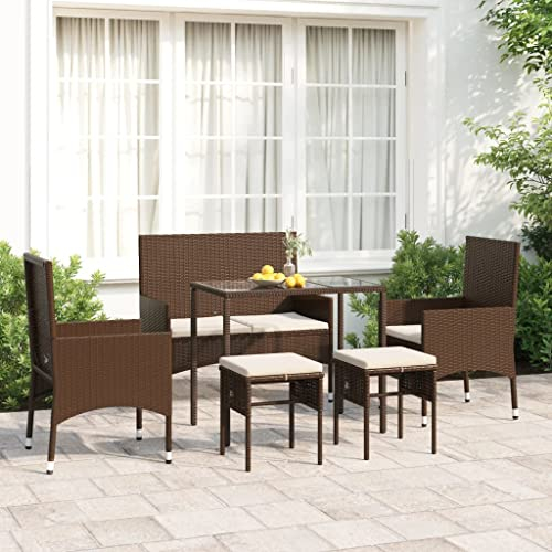 KOIECETA 6-TLG. Garten-Lounge-Set mit Kissen Gartenmöbel Set Garten Hocker & Tisch Loungemöbel Outdoor Möbel mit Sessel Braun Poly Rattan