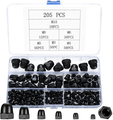 205 Schraubenkappen, einschließlich M3, M4, M5, M6, M8, M10 Edelstahl-Mutternsatz, schwarze Mutternkappen, Kuppelmuttern, Hutmuttern, für Schrauben, Gewindebolzen, Gewindestangen
