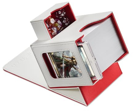 Mage Tech Commander Deck Box per MTG - Design Brevettato, Vetrina Commander, Adatta a 100 Carte Double-Sleeve, Porta Carte Magnetico da 35pt & Vassoio per Dadi - Bianco/Rosso
