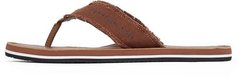 Tommy Hilfiger Herren Flip Flops Leather Beach Sandal mit Fransen, Braun (Winter Cognac), 45