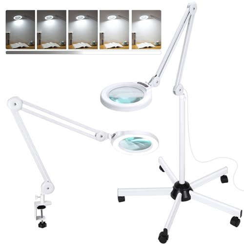 10X Magnifying Glass with Light and Stand, Super Bright 2,200 Lumens LED Magnifying Floor lamp with 5 Wheels Rolling Base, 5 Color Modes Stepless Dimming Lighted Magnifier for Esthetician Facial Salon