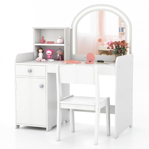 GLACER Kids Vanity, 2-in-1 Wooden Makeup Desk with LED Lighted Mirror, Drawer & Cabinet, Storage Shelves, Princess Dressing Table, Kids Vanity Table and Chair Set for Little Girls Ages 3+ (White)