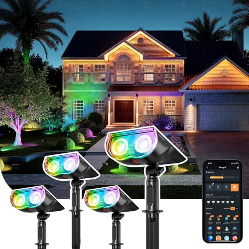 Linkind RGBTW - Faretto solare per esterni, 16 milioni di colori, controllo in gruppo, sincronizzazione musicale, allarme luminoso rosso, IP65 lampada intelligente per giardino, festa, confezione da 4