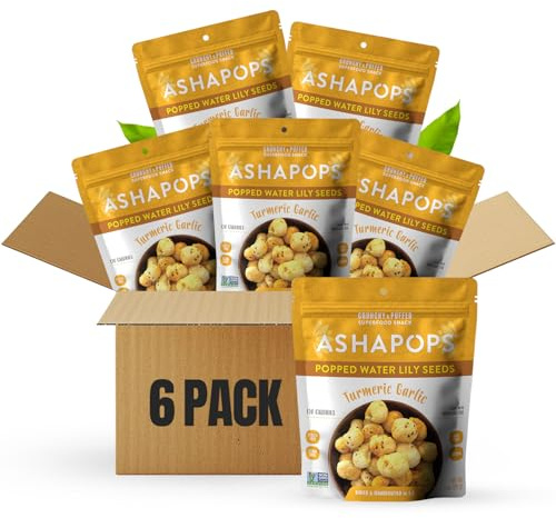 AshaPops Turmeric Garlic Flavored Popped Water Lily Seeds, 1 oz (Pack of 6) - Gluten-Free, Vegan, Paleo, Nut-Free, Corn-Free, Soy-Free, Non-GMO, Delicious Plant-Based Crunchy Snack