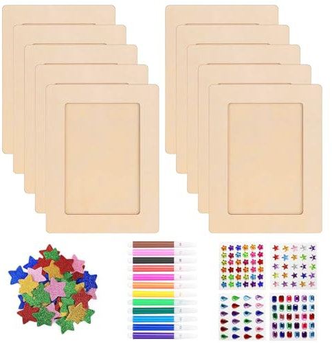 Bilderrahmen Holz Set, 10 Stück 20x15 CM Kinder Bilderrahmen Bastelsets mit Glitzersteine, Glitter Schaum Sticker, Bunter Pinsel für DIY Holzfarbe Geschenke Dekoration Kinderbilderrahmen zum Bemalen