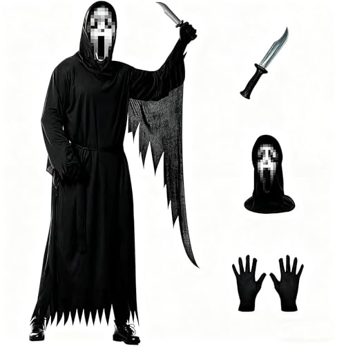 JOYTIX®Maschera dell'Urlo EV con Cappuccio Incorporato - Costume Horror: Pugnale di Plastica, Tunica & Guanti per Bambini 120-160cm (Halloween 2025)