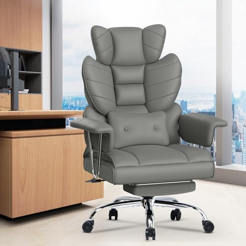 Desk Chair-Big Tall Heavy Duty Ergonomic Office Chair with Footrest/Armrests, High Back PU Leather Cross Legged Executive Computer Recliner, Comfy Adjustable Home Office Gray Swivel Work Study Chair