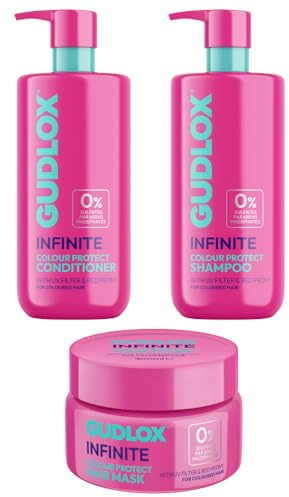 GUDLOX Infinite Colour Protect Hair Care Set, UV Protection with Red Peony Extract, Shampoo, Conditioner and Hair Mask for Coloured Hair, White, Sulphate-Free, 900ml, 3-Pack