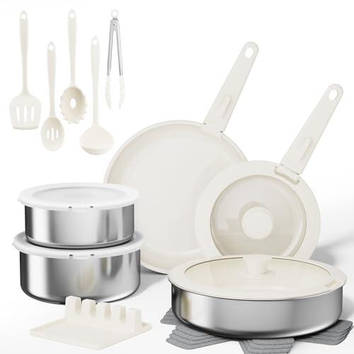 Sanho 21-Piece Pots and Pans Set, Ceramic Nonstick Cookware with Detachable Handles, 4-Layer Stainless Steel & Aluminum Core, Induction Hob Pan Set, Oven Safe, PFAS PFOA Free (Beige White)