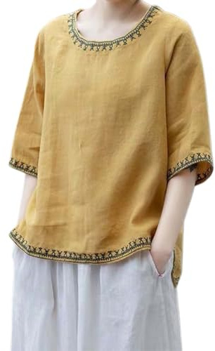 Blusas de gasa bohemia de lino para mujer, estilo bohemio, camisa bordada con gráficos florales de verano 2026, tops indios con volantes para mujeres mayores, cuello redondo transparente, ajuste