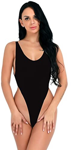FEESHOW Damen Ouvert Body High Cut Bodysuit Stringbody Thong Leotard Top Einteiliger Bikini Bademode Einheitsgröße Schwarz Einheitsgröße