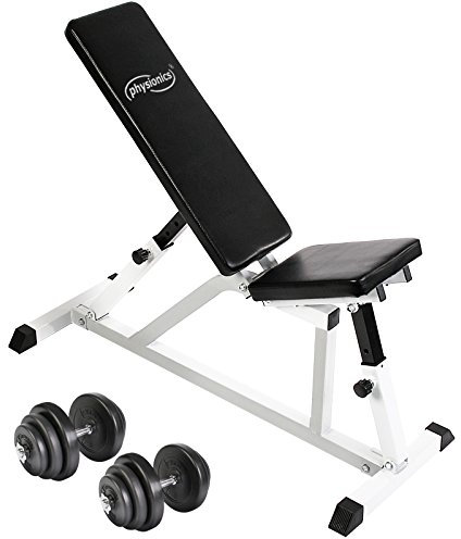 Physionics® Multifunktional Hantelbank mit Hantelset - Hantelbank (Klappbar, 200kg belastbar), Hantelset (2 Kurzhanteln, 40kg, Verstellbar) - Schrägbank, Trainingsbank, Fitnessbank mit Gewichten