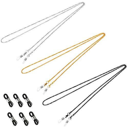 Whaline 3 Pieces Eyeglasses Chain Sunglass Neck Strap Holder with 6 Pcs Adjustable Rubber Ends Connectors (Silver Golden Black)