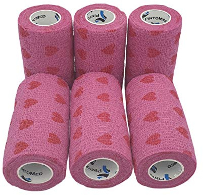 PintoMed - Venda Cohesiva - 6 x Rosa con Corazones Rojos - 6 rollos x 10 cm x 4,5 m estirado - Vendaje autoadhesiva elástica y flexible, Cinta adhesiva, Vet Wrap, Tape, Primeros auxílios y lesiones
