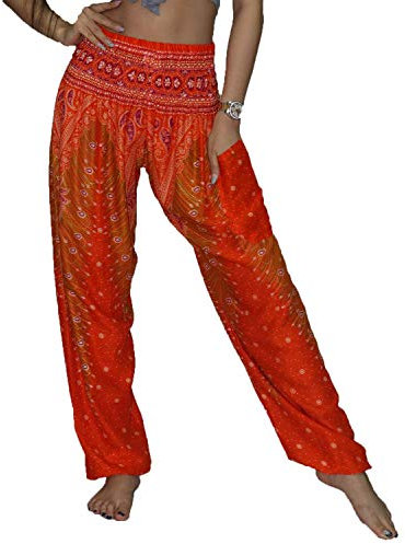 Lofbaz Damen Haremshose Yogahose Pumphose Hippie Hose Boho Kleidung Festival Outfit Sommerhose Leicht Sommer Hosen - Pfauenorange und Rot L