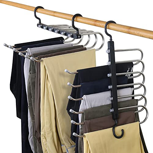 Clothes Pants Hangers, 2 Pack Space Saving Closet Hangers 6 Layers 2 Uses Multi Functional Pants Rack Wardrobe Organizer Racks for Clothes Trousers Scarves Ties