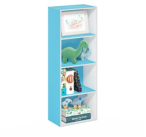 Furinno LUDER Book Shelf, 4-Tier Bookshelf, Bookcase with Open Shelf, 9.3 x 15.6 x 41.7, for Living Room, Bedroom, Home Office, Light Blue/White