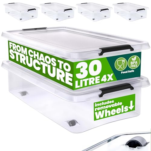 Deuba® 4X Cajas de Almacenamiento 30L Tapa Clips de Cierre Transparentes Almacenaje Juguetes Ruedas Apilable