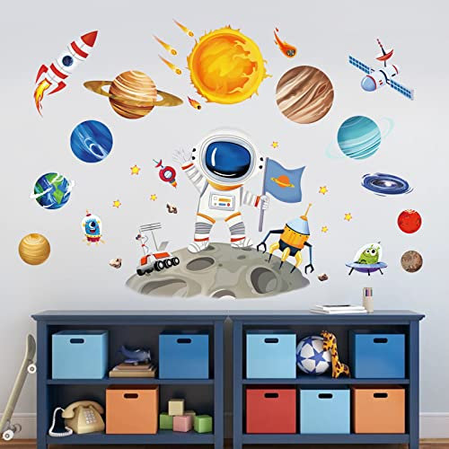 wondever Wandtattoo Weltraum Kinder Wandaufkleber Planeten Sonnensystem Astronaut Wandsticker Wanddeko für Kinderzimmer Babyzimmer Jungenzimmer