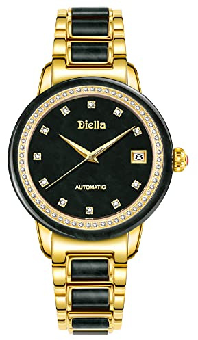 Diella Automatik Damenuhren, Luxus Jade und Gold Edelstahl Armband Uhren für Damen, Wasserdicht Frauen Mechanische Uhren mit Leuchtender, Selbstwindender Geschenke für Damen
