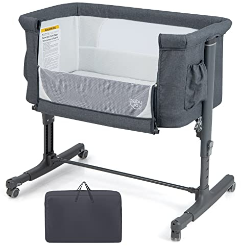 GOPLUS 3 in 1 Babywiege, tragbares Beistellbett mit Wiegemodus, abnehmbare Matratze, höhenverstellbar, Taschen & feststellbare Räder, Reisebett für Neugeborene mit Tragetasche (Dunkelgrau)
