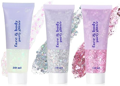 URAQT Body Glitter Gel, 3 st 50 ml Holografiska Sjöjungfrupaljetter, Sparkling Festival Party Lotion | Flytande ögonskugga sjöjungfru paljetter gnistrande för ansikte hår läppar naglar smink festival halloween